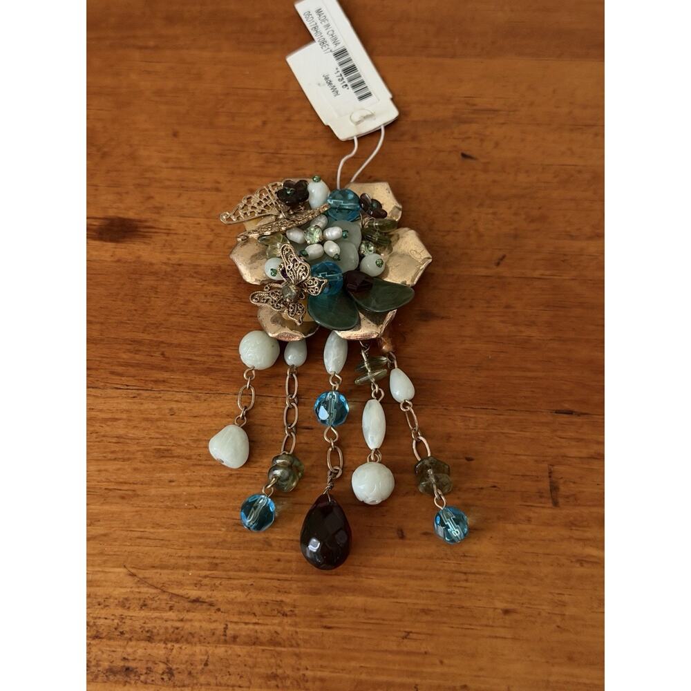 Laila Rowe Hammered Gold Tone Floral Brooch Blue Orange Bead Dangle Artisan